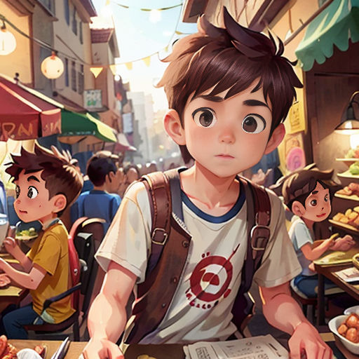 a boy sitting at a table with a plate of food in front of him and a boy standing behind him