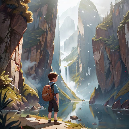 a boy with a backpack standing on a cliff looking at a waterfall and a river in the distance with mountains in the background