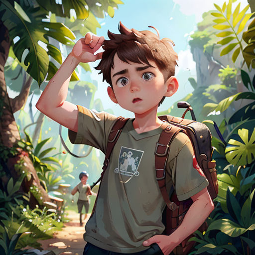 a boy with a backpack and a backpack on his back in the jungle with a monkey on his shoulder