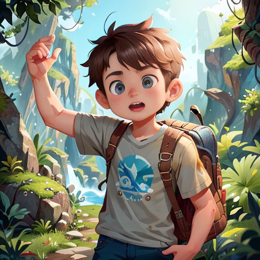 a boy with a backpack and a backpack in the woods with a bird on his shoulder and a bird on his shoulder