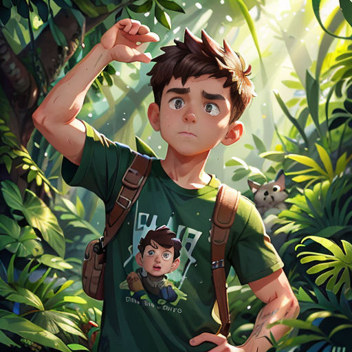 a boy in a green shirt is standing in the jungle with a backpack on his shoulder and a monkey on his shoulder