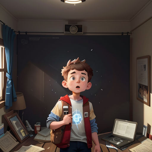 a boy standing in a room with a laptop and a lamp on the wall behind him and a laptop on the desk