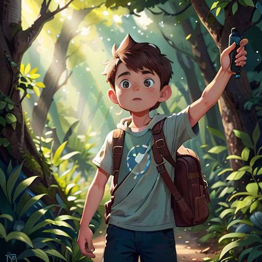 a boy in a forest holding a cell phone in his hand and looking up at the sky with a forest background