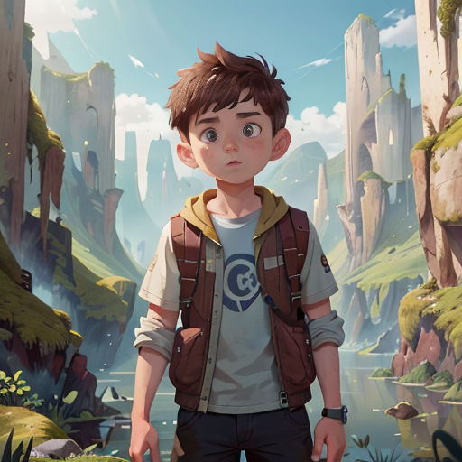 a boy standing in front of a mountain with a river in the background and a sky in the background