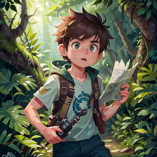 a boy in a forest holding a paper and looking at something in his hand with a camera on his shoulder