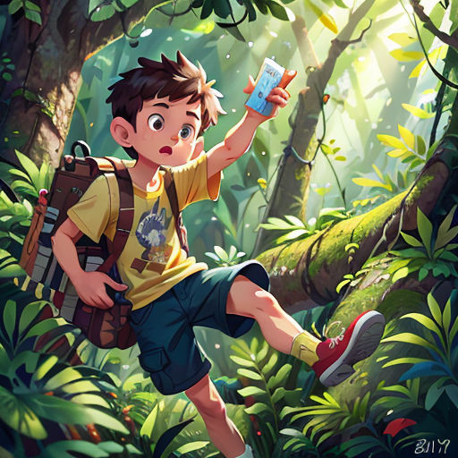 a boy in the jungle holding a water bottle and a cell phone in his hand and a backpack on his back