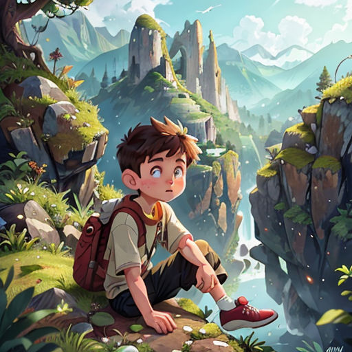 a boy sitting on a cliff looking at the mountains and rocks in the distance with a river running through it