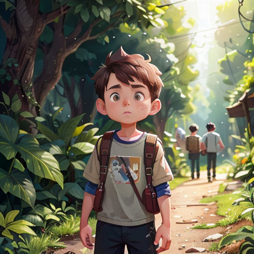 a boy with a backpack standing in the middle of a forest with other people walking behind him and a dog