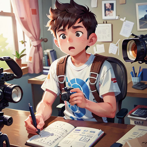 a boy sitting at a desk with a camera and a book in front of him and a camera and a book in front of him