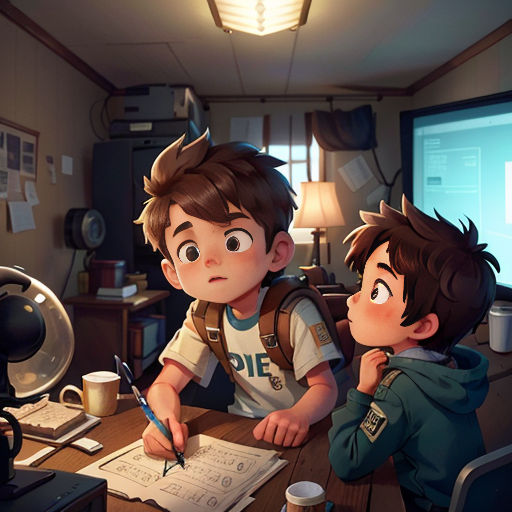 two children sitting at a desk with a computer monitor and a pen in their hand and a paper in front of them