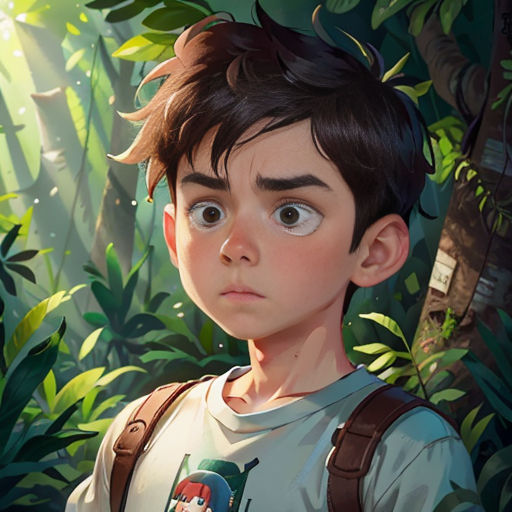 a boy with a backpack looking at something in the distance with a forest background behind him and a sunbeam