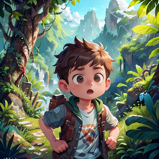 a boy in a jungle with a backpack and a backpack on his back, looking at the camera and a mountain in the background