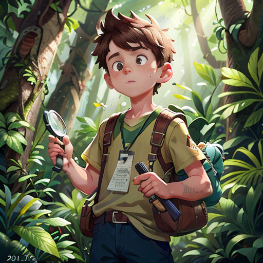 a boy holding a magnifying glass in a forest with a forest background and a fern covered forest