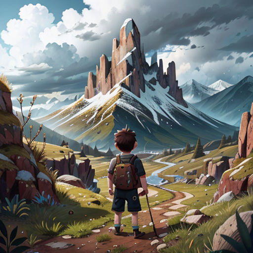 a boy with a backpack is standing on a path in a mountain valley looking at a mountain range with a large rock formation