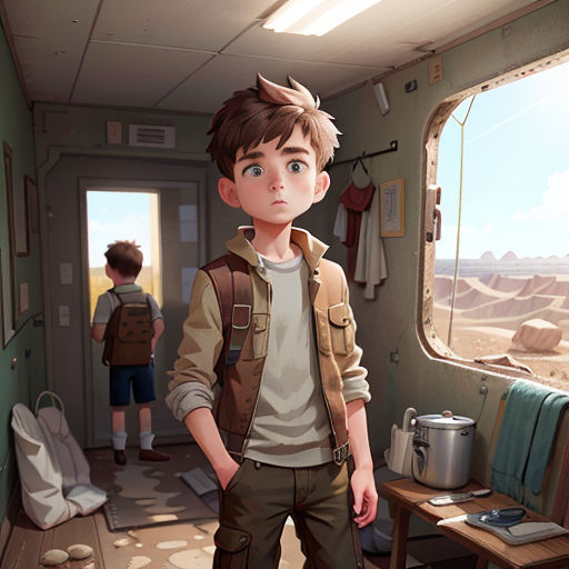 a boy standing in a room with a window looking out at a desert landscape and a person standing in the doorway