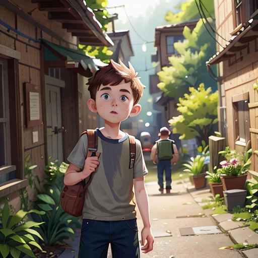 a boy with a backpack is walking down a street in a cartoon style, with a man in the background