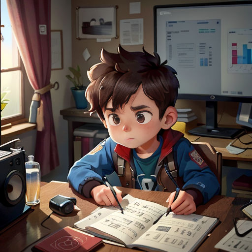 a boy sitting at a desk with a book and pen in his hand and a computer monitor in the background