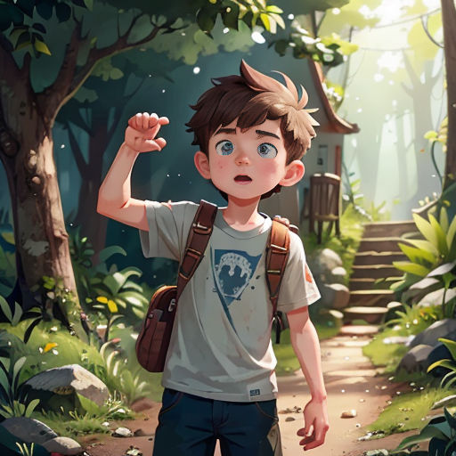 a boy with a backpack is walking through the woods with a backpack on his shoulder and a hand up in the air