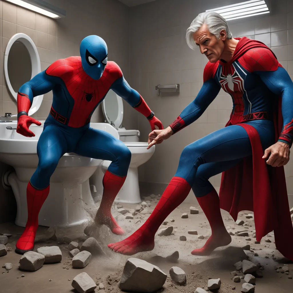 a man in a bathroom with a spider man costume on and a toilet in the background with rocks scattered around, context art, a comic book panel, Alton Tobey, hyper real
