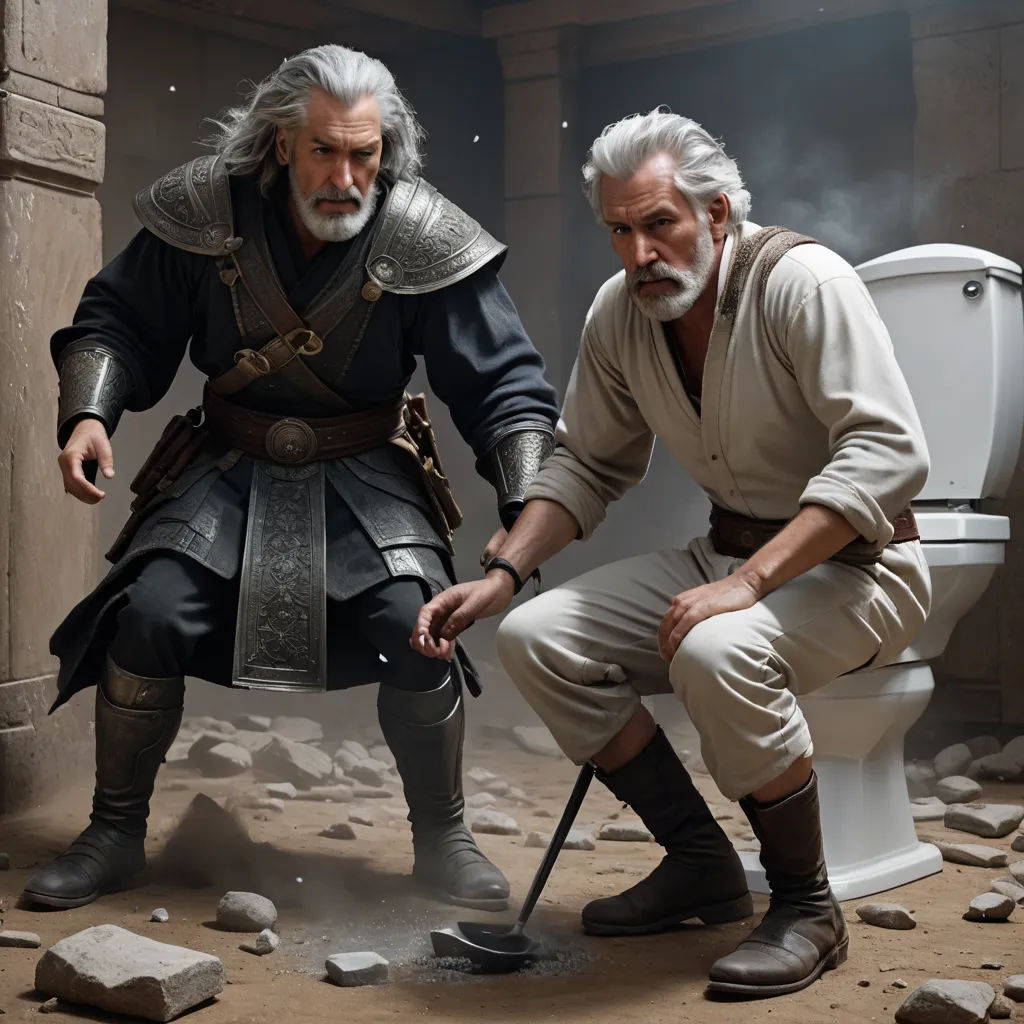 two men in medieval costumes are sitting on a toilet and one is holding a cane and the other is holding a cane, fantasy art, concept art, ESAO, 8 k concept art