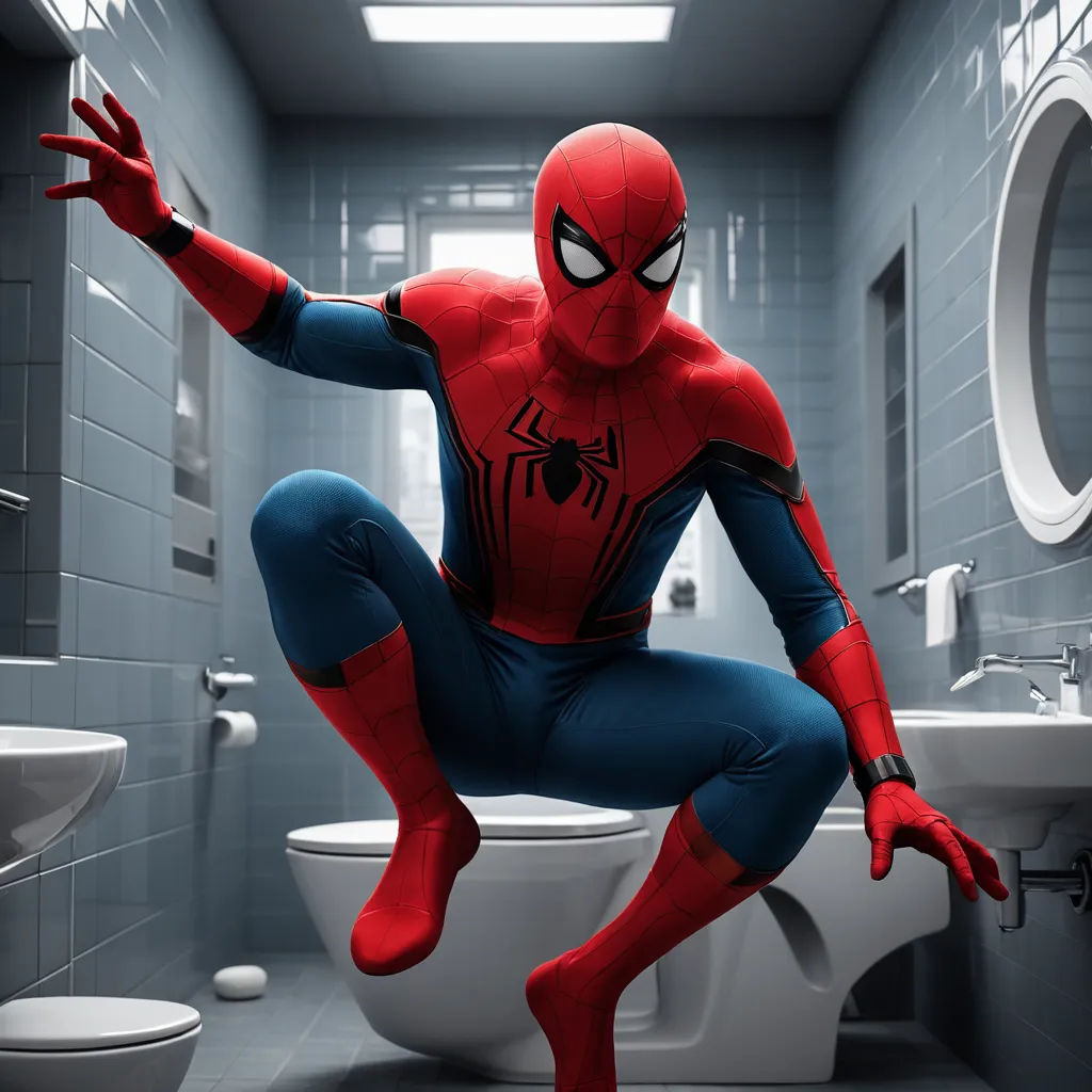 a man in a bathroom with a toilet and a spider man costume on the toilet seat and arms outstretched, photorealism, a poster, Alton Tobey, cinematic lighting + masterpiece