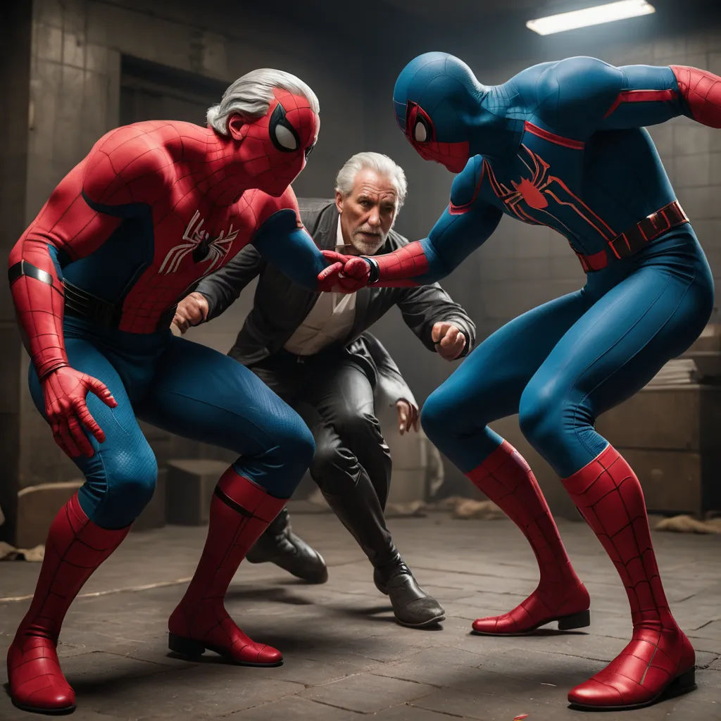 a man in a suit and two spider - man suits are fighting in a room with a man in a suit, renaissance, a renaissance painting, Alton Tobey, vfx