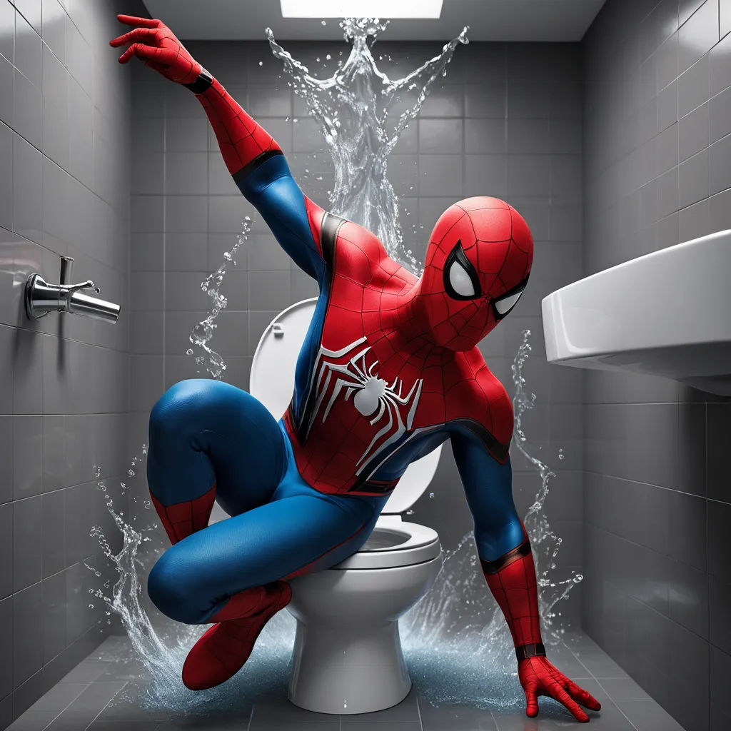 a cartoon of a spider man on a toilet in a bathroom with water splashing around him and a sink, photorealism, a stock photo, Alton Tobey, promotional image