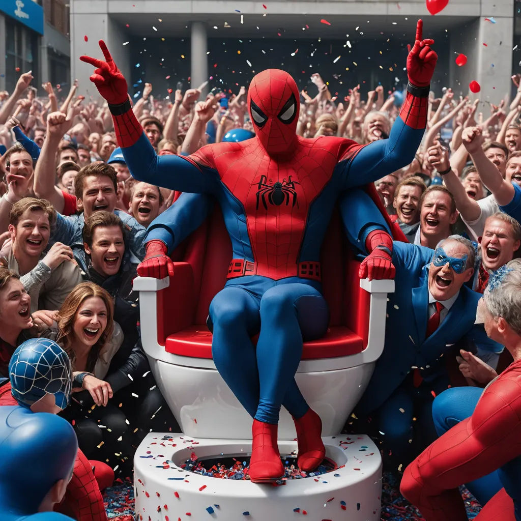 a man in a spider man costume sitting on a toilet surrounded by people in blue and red confetti, panfuturism, a comic book panel, Alton Tobey, promotional image