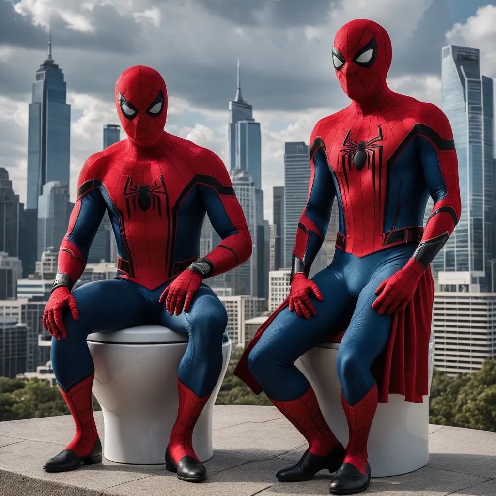 two statues of spider - man sitting on a toilet in front of a city skyline with skyscrapers in the background, panfuturism, a comic book panel, Alton Tobey, imax 70 mm footage
