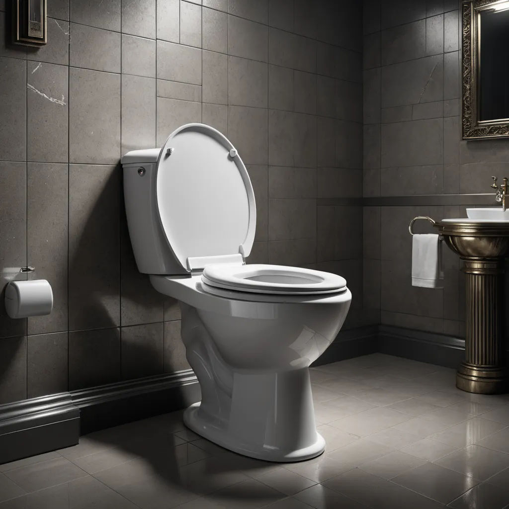 a white toilet sitting in a bathroom next to a sink and a mirror on a wall above it and a gold pedestal sink, photorealism, an ambient occlusion render, Andries Stock, unreal engine 5 highly rendered