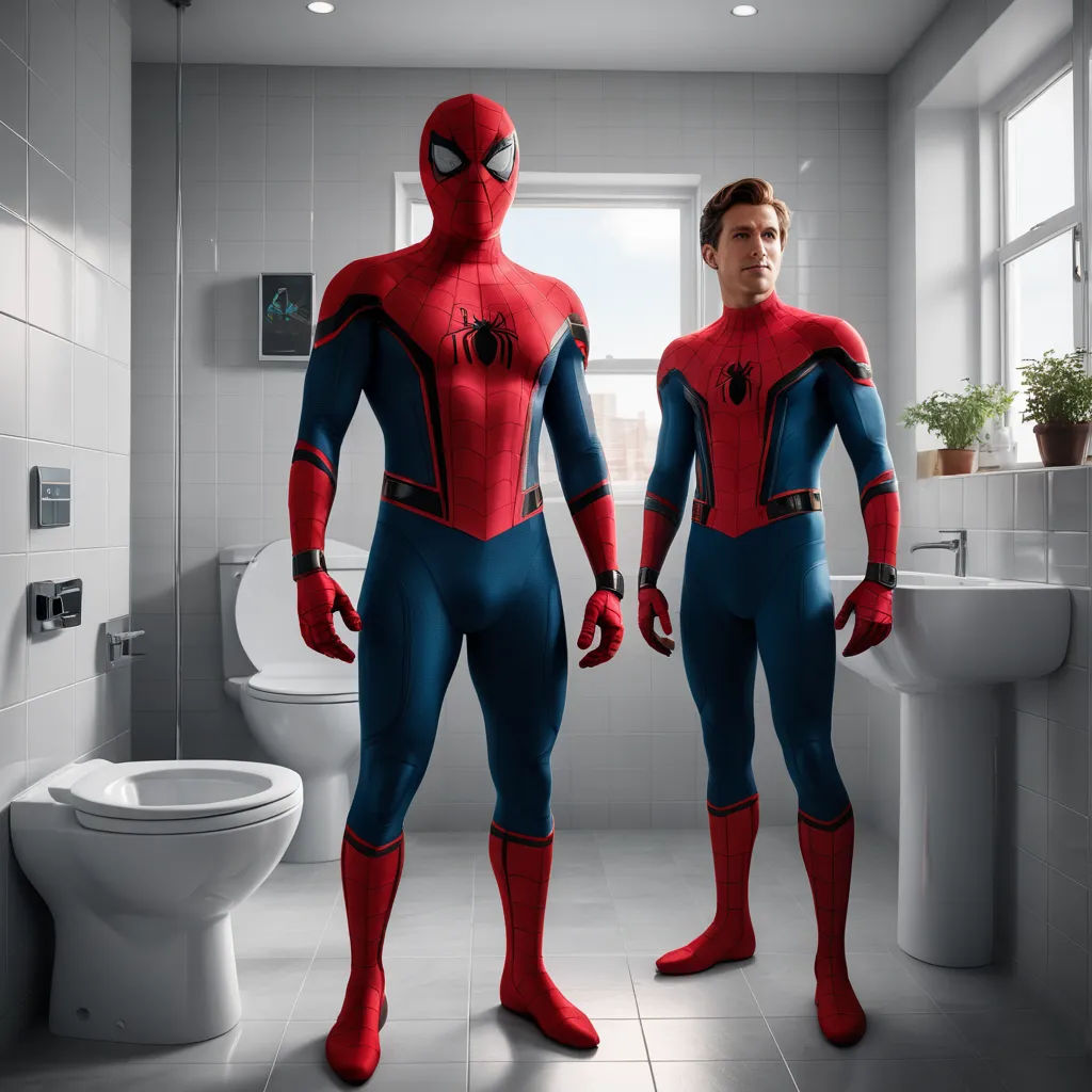a man in a bathroom with a spider man costume on and a toilet in the background with a plant in the corner, photorealism, a comic book panel, Alton Tobey, unreal engine 5 highly rendered