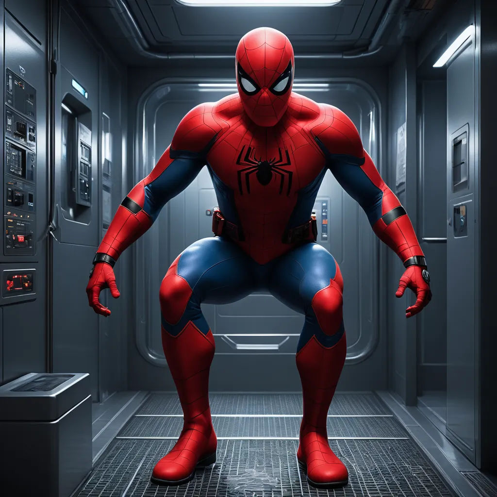 a man in a red and blue suit is in a hallway with a light on and a door open, photorealism, concept art, Alton Tobey, imax 70 mm footage