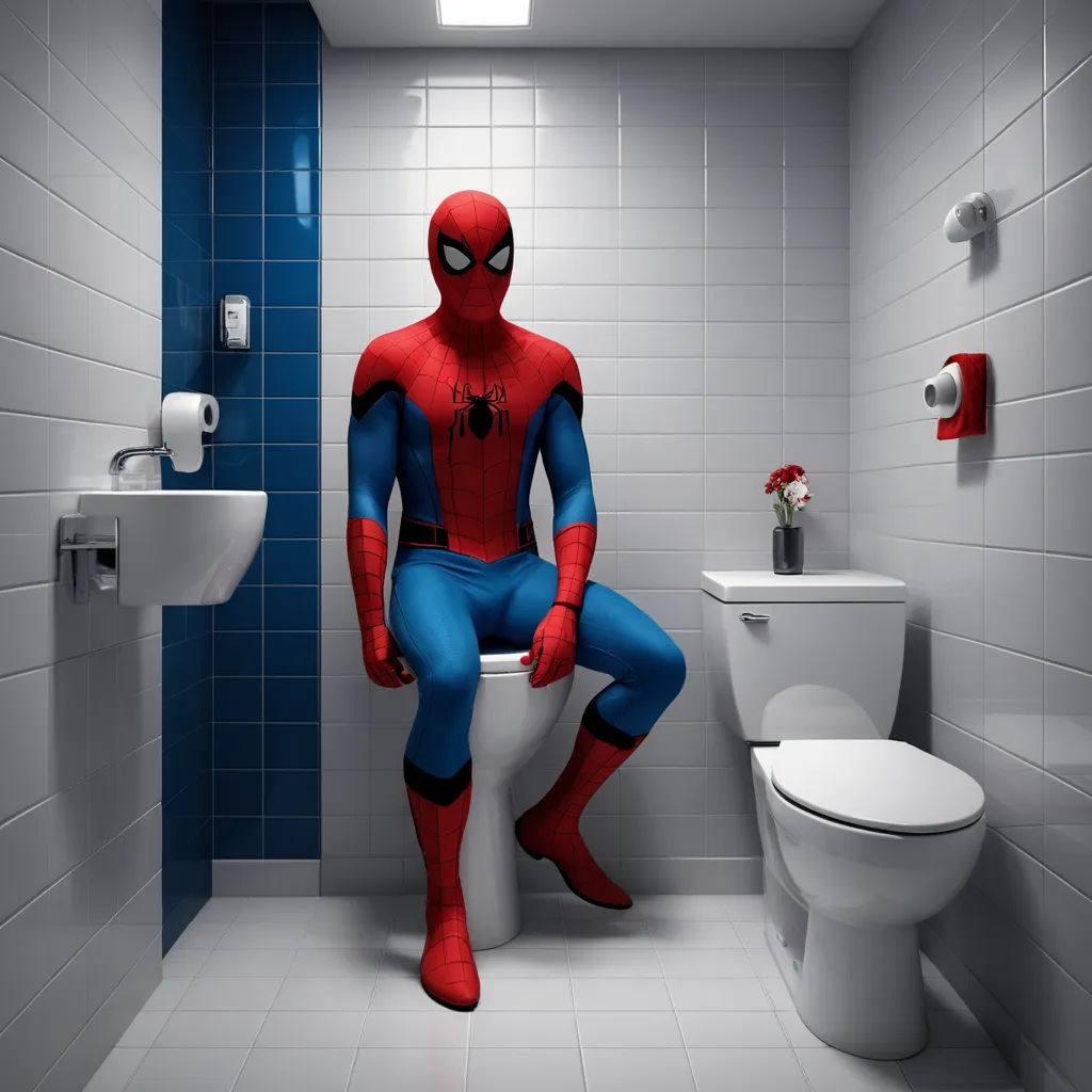 a man in a bathroom with a toilet and a spiderman costume on the toilet seat and a sink, photorealism, a 3D render, Alton Tobey, unreal engine 5 highly rendered