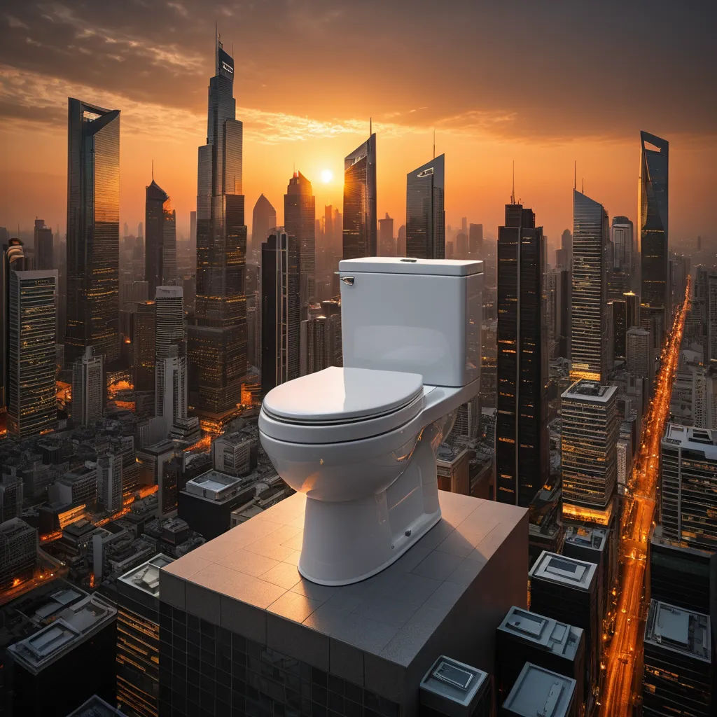a toilet on top of a building in a city at sunset or dawn with a cityscape in the background, panfuturism, a stock photo, Chris LaBrooy, award - winning photo
