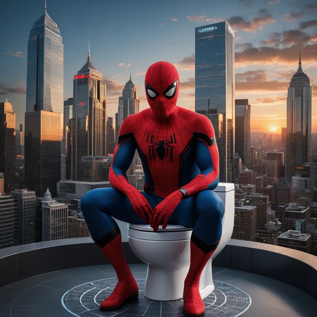a spider man sitting on a toilet in a bathroom with a city view in the background at sunset or dawn, art photography, a stock photo, Alton Tobey, cinematic photography