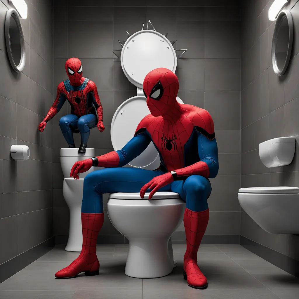 a man in a bathroom with a spider man on the toilet seat and a toilet bowl with a toilet paper roll, photorealism, a stock photo, Alton Tobey, award - winning photography