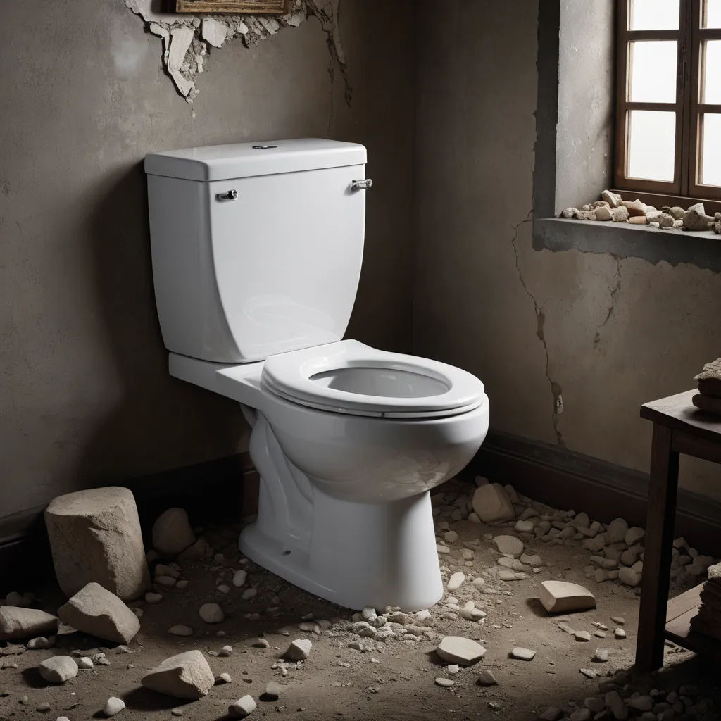 a toilet in a bathroom with a broken wall and a window in the background with rocks scattered around it, conceptual art, a detailed matte painting, David LaChapelle, unreal engine render