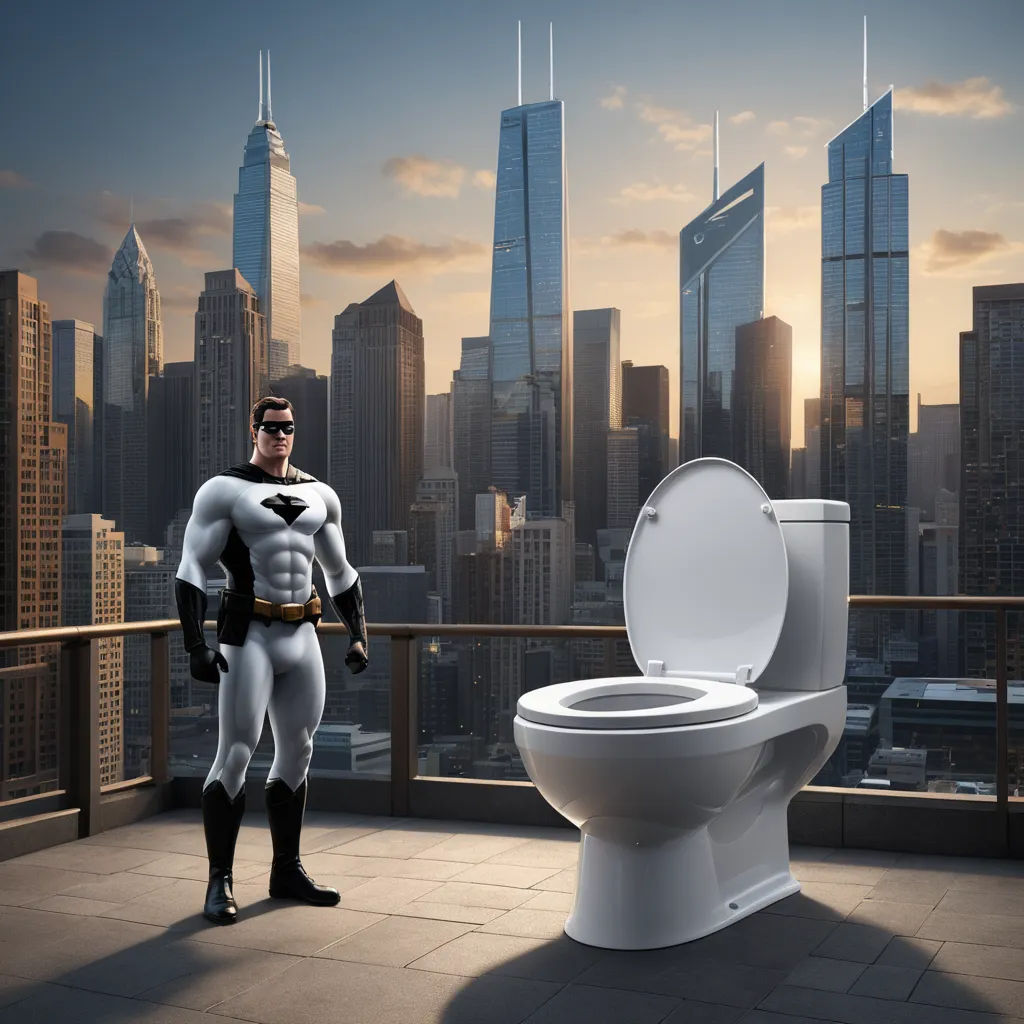 a man in a batman costume standing next to a toilet in a city setting with skyscrapers in the background, fantastic realism, a comic book panel, Dong Kingman, unreal engine render