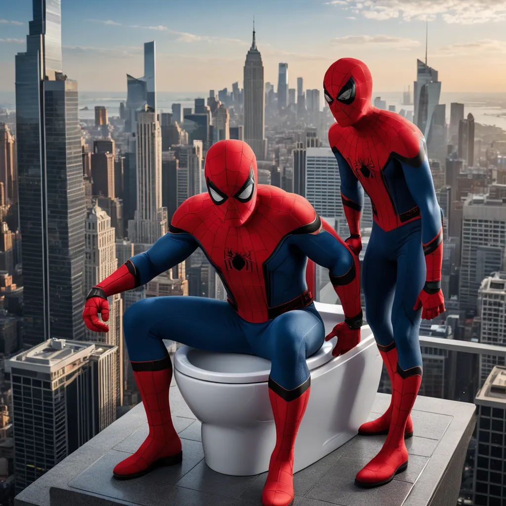 a toilet with a spider man sitting on it in front of a cityscape with skyscrapers and a man in a suit, panfuturism, a stock photo, Alton Tobey, imax 70 mm footage
