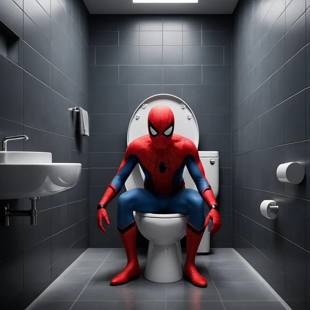 a person in a bathroom with a toilet and sink in it, with a spiderman on the toilet seat, photorealism, a stock photo, Alton Tobey, unreal engine 5 highly rendered