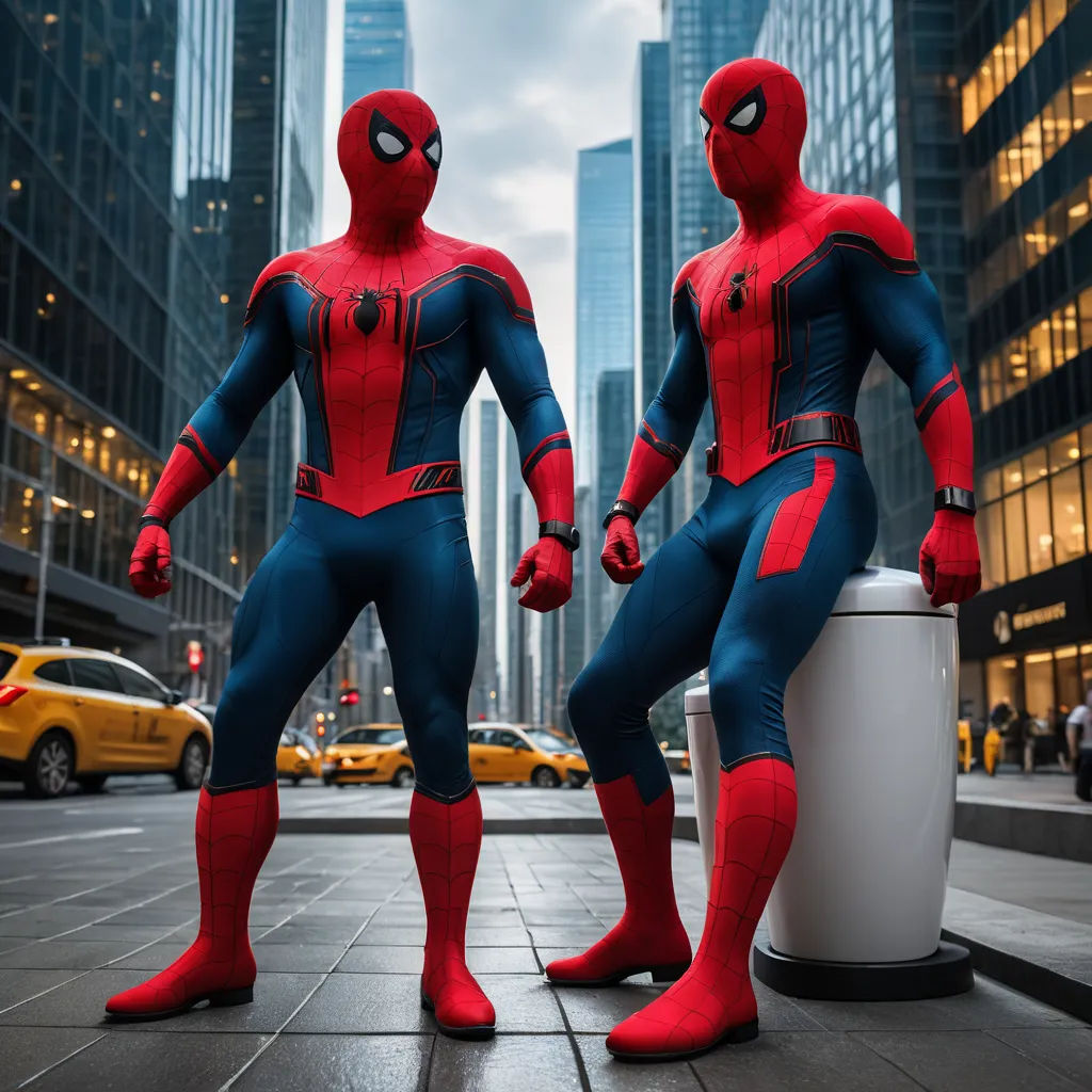 two spider - man statues are posed in a city street with skyscrapers in the background, one of them is wearing a red and blue suit, antipodeans, a comic book panel, Alton Tobey, promotional image