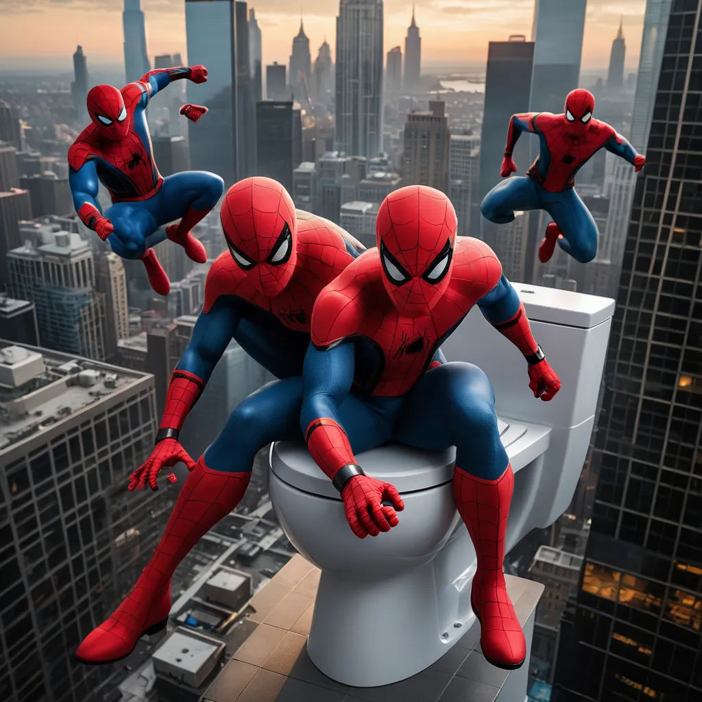 a toilet with three spider - man figures on it in a bathroom with a city view in the background, panfuturism, a stock photo, Alton Tobey, award - winning photography