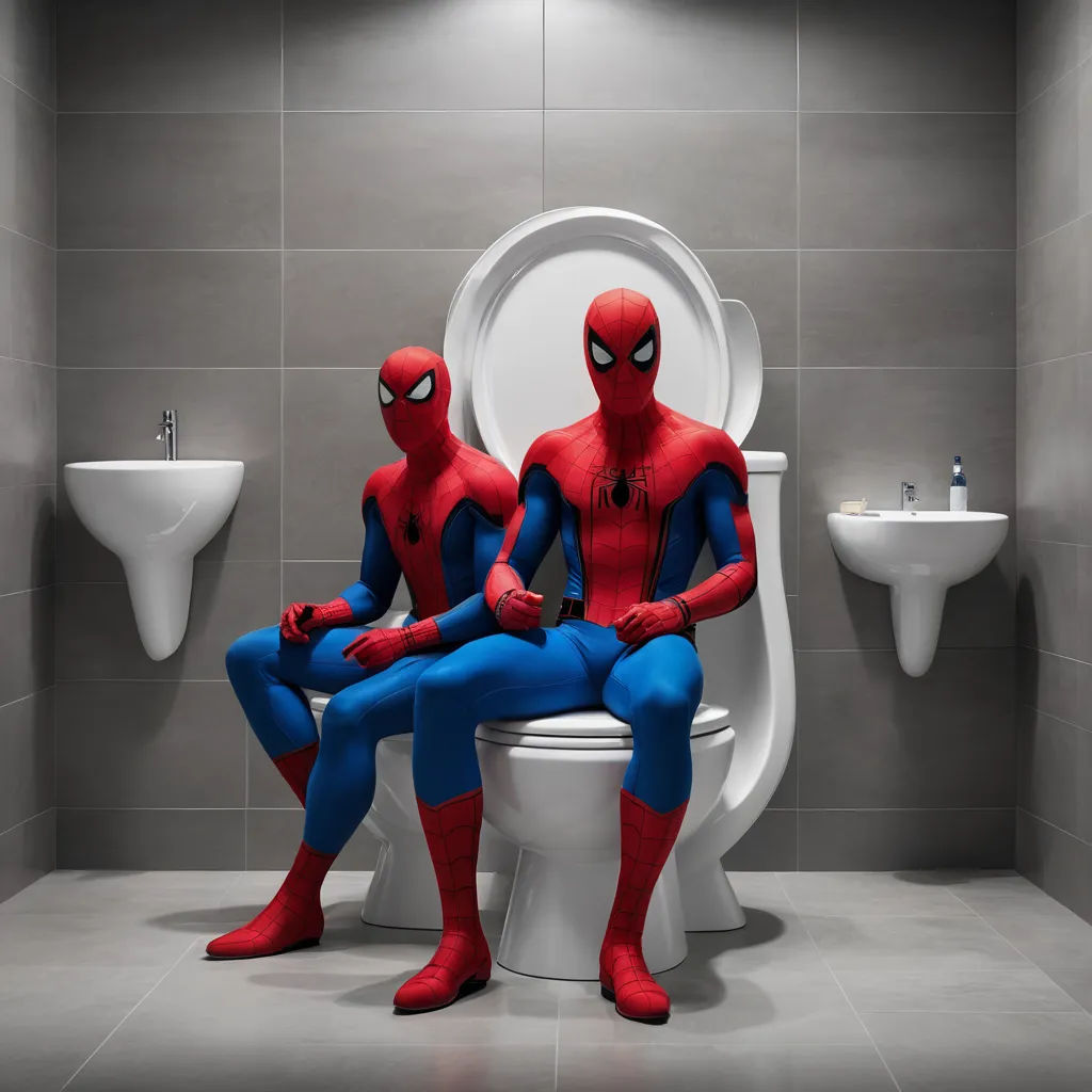 a man in a bathroom with a spider man sitting on a toilet seat in front of a sink and a toilet, verdadism, a stock photo, Alton Tobey, cinematic photography