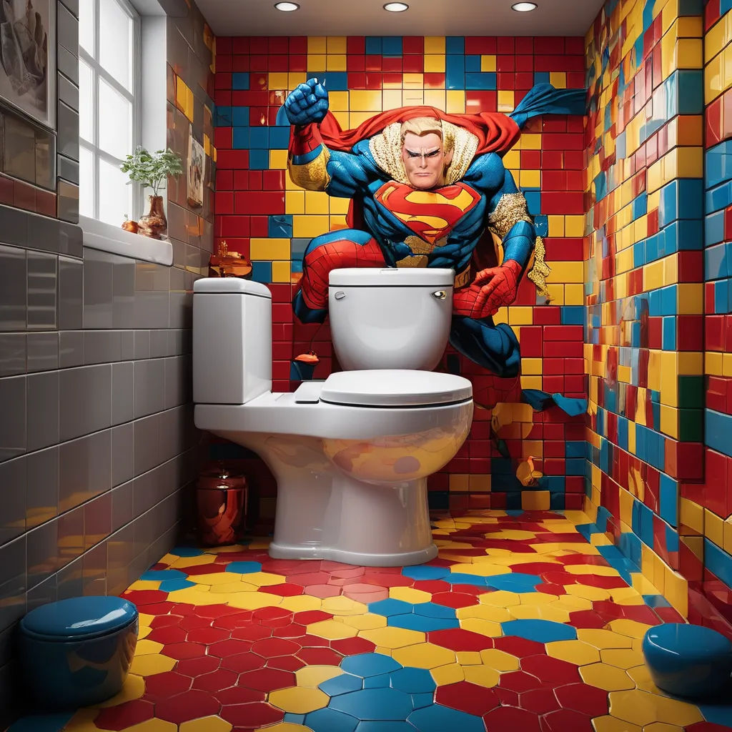 a bathroom with a toilet and a superman mural on the wall and a toilet seat cover in the middle, pop art, a pop art painting, Chris LaBrooy, hyper real