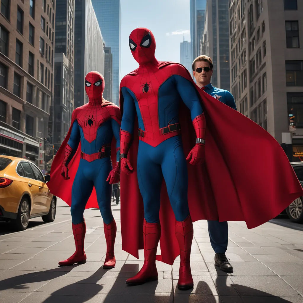 two men in superhero costumes standing on a city street with a yellow car behind them and a yellow car behind them, superflat, a comic book panel, Alton Tobey, promotional image