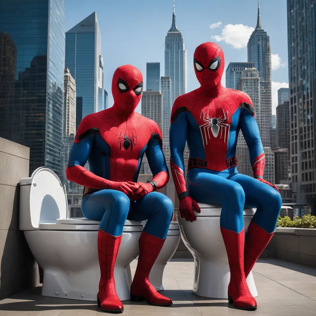 two men in spider man costumes sitting on a toilet in a city setting with skyscrapers in the background, verdadism, a stock photo, Alton Tobey, marvel comics