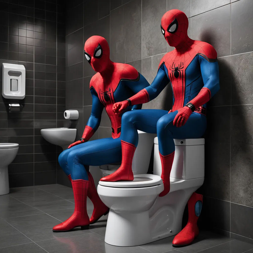 a man in a spiderman suit sitting on a toilet seat in a bathroom with a toilet paper roll, verdadism, a stock photo, Alton Tobey, marvel comics
