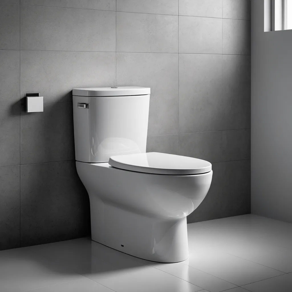 a toilet in a bathroom with a gray wall and tile flooring and a white toilet seat cover and lid, photorealism, an ambient occlusion render, Andries Stock, unreal engine 5 highly rendered