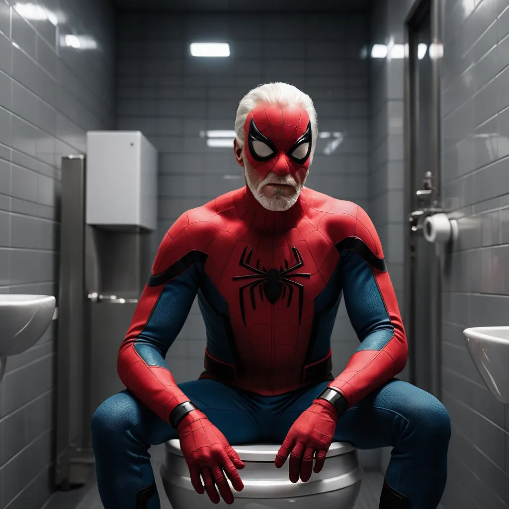 a man in a bathroom with a spider man costume on sitting on a toilet seat in a bathroom stall, de stijl, a comic book panel, Alton Tobey, cgi