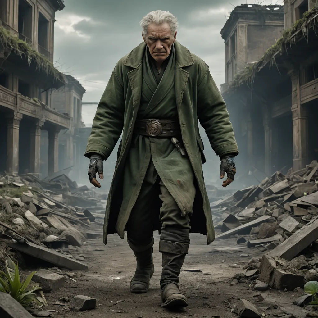 a man in a trench coat walking through a destroyed building area with a gun in his hand and a gun in his other hand, antipodeans, a detailed matte painting, Enki Bilal, imax 70 mm footage